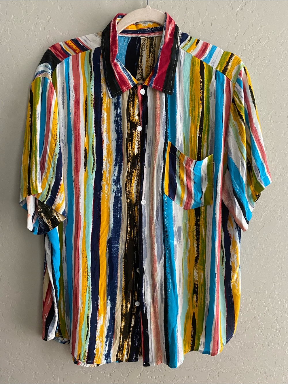 Abstract Multicolor Stripe Rayon Button Up Shirt Mens Medium M Watercolor